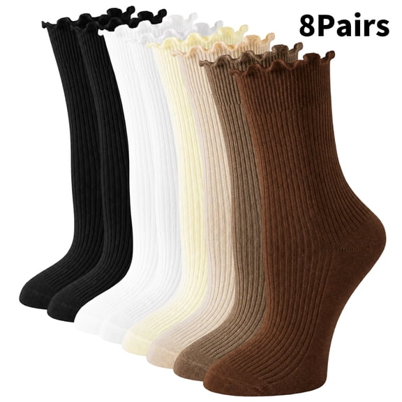 Yawlsow 8 Pairs Ruffle Socks for Women, Cute Cotton Crew Frilly Socks, US Size 5-9