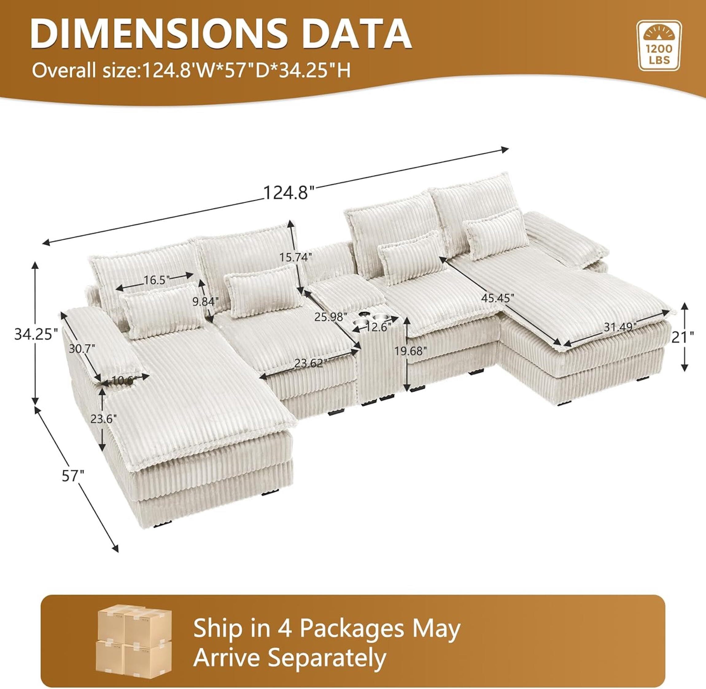 Aisword 124" U Shaped Cloud Couch Sectional with USB Charging, Hidden Storage, Cup Holders & Chenille Double Chaise, White