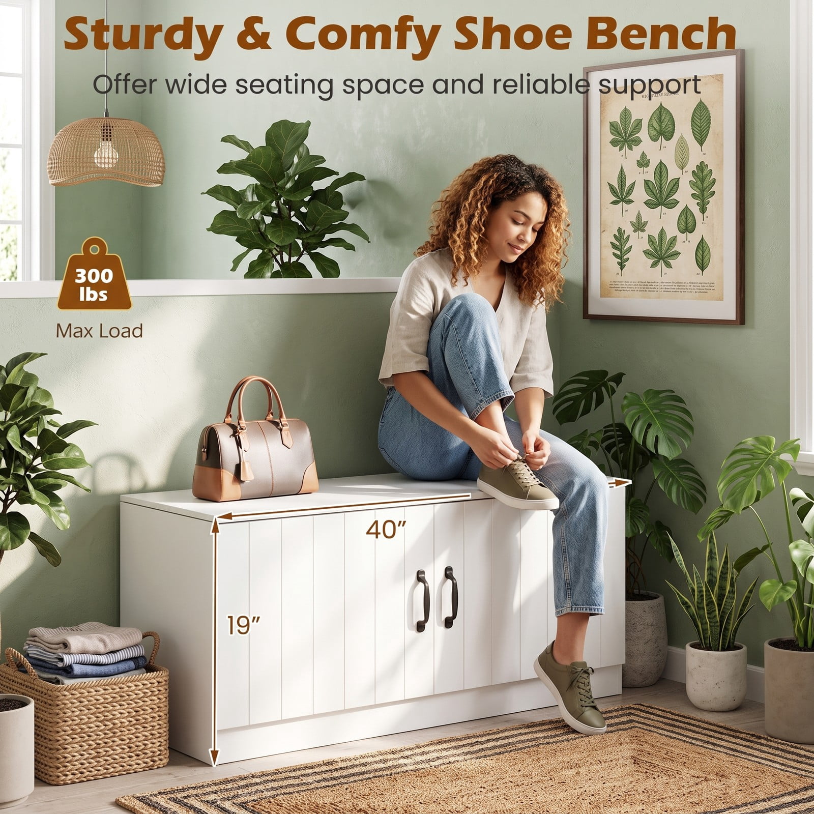 Furnibear 2-Door Shoe Bench Storage Cabinet with Adjustable Shelves and Wide Seat for Entryway Hallway and Bedroom, White