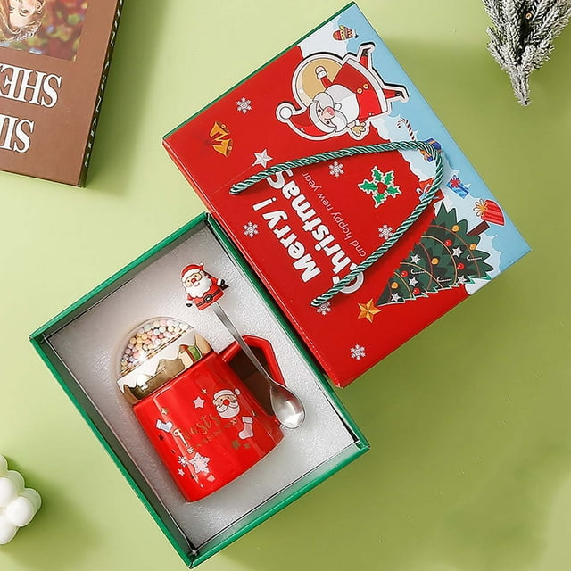 Fiudx Taza Navideña de Cerámica con Tapa y Cuchara, Diseño de Papá Noel, Ideal para Bebidas Calientes, Ideal para Regalar En Navidad, Ideal para La Oficina o El Hogar, Incluye Caja de Regalo.