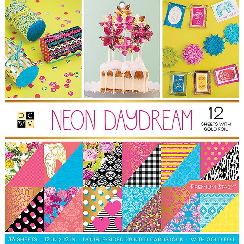 DCWV DoubleSided Cardstock Stack 12"X12" 36/PkgNeon Daydream W/Gold Foil