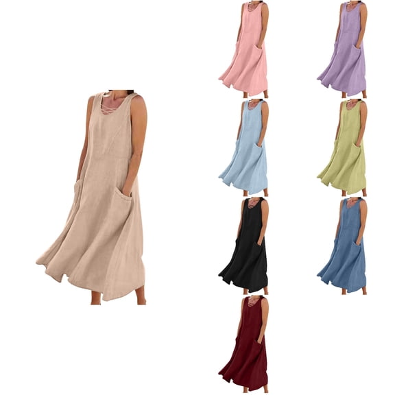 Antinious Summer Dresses for Women,Long Dresses for Women Sleeveless Casual Solid Pocket V-Neck Beach Dress,Pink,XXL