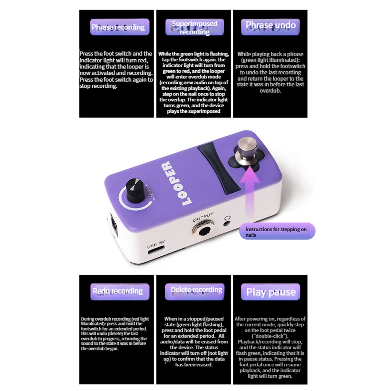 Compact Loop Recording Pedal Portable Guitar Effects Device Alloy Texture for Practice and Creative Performances