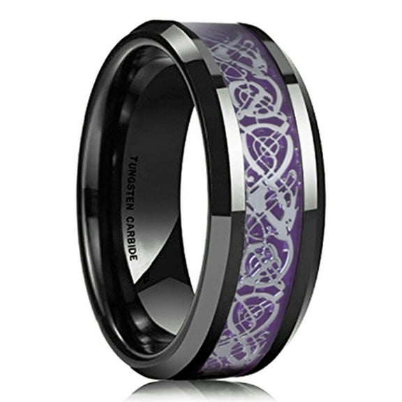 Wedding Rings For Men & Women. 8mm Black Tungsten Band Silver Purple Celtic