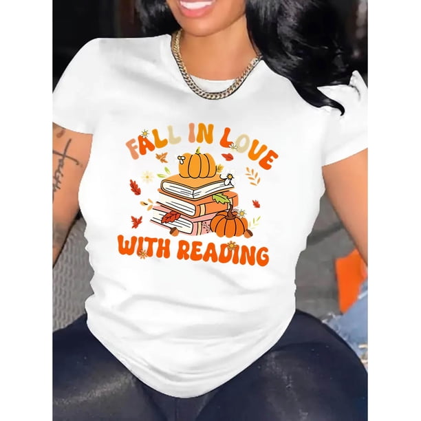 Camiseta De Mujer Verano Ropa Informal Suelta Camiseta Básica De Moda Para La Calle DiariaWomen'S Fall in Love with Reading T-Shirt, Casual Crew Neck Short Sleeve Tee, Geometric Pumpkin & Books Prin