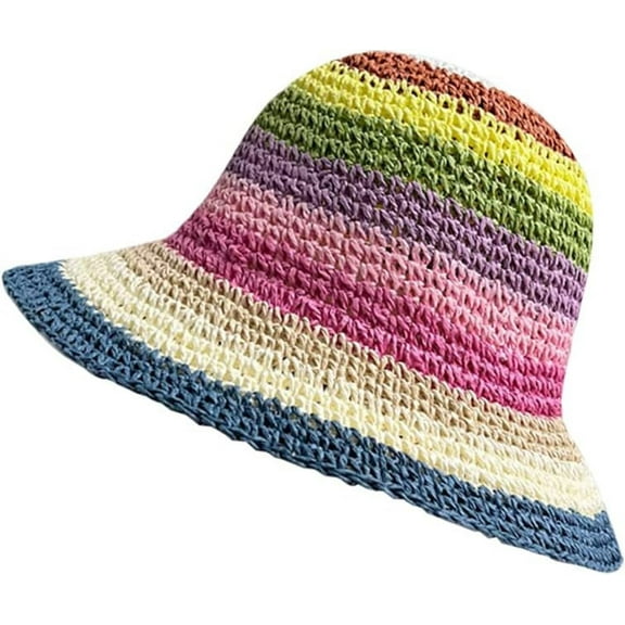 YooGuoGuo Women Foldable Wide Brim Colorful Crochet Straw Sun Hat Summer Beach Travel Packable UPF Bucket Hat