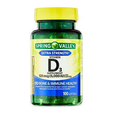 Spring Valley Extra Strength Vitamin D3 Supplement Softgels for Bone and Immune Health, 125 mcg (5000 IU), 100 Count