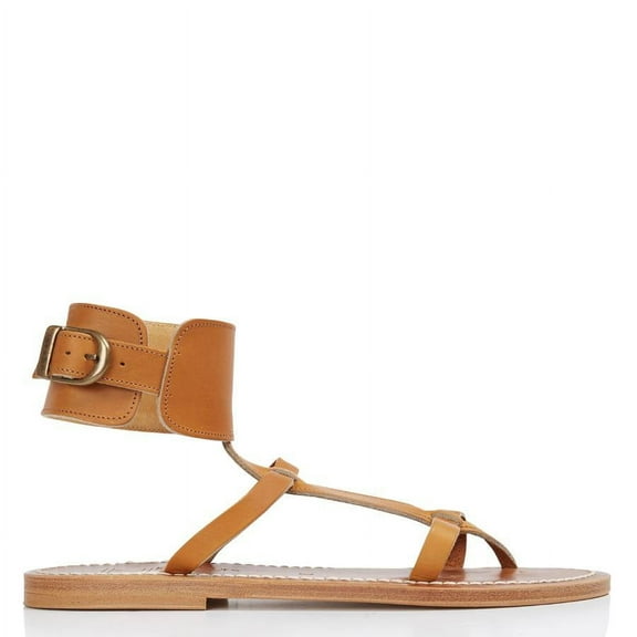K Jacques Ladies Brown Caravelle Flat Leather Sandals, Brand Size 37 (US Size 7)