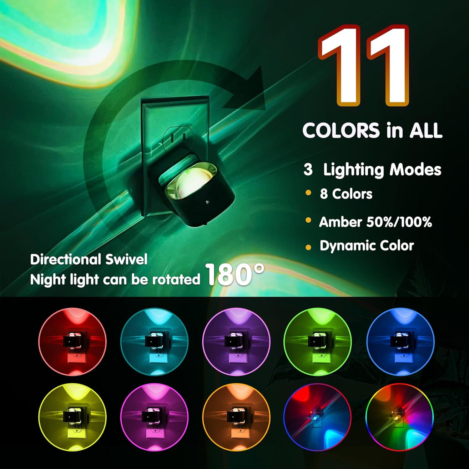 RGHJAR-Night Light Projector, Color Changing Night Light Plug into Wall, Dusk to Dawn Sensor, Rotating Nightlight, RGB Ambient Lighting for Bathroom, Gaming Room, Gifts,1 Pack