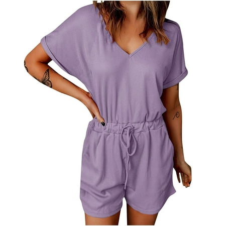 

Womens Short Jumpsuit Clearance Solid Casual Leisure Bib Pants Coverall Bodysuit One-Piece Leotard Womens Shorts Black Cargo Pants for Women Oversized Jumpsuits for Women Loose Fit Purple M