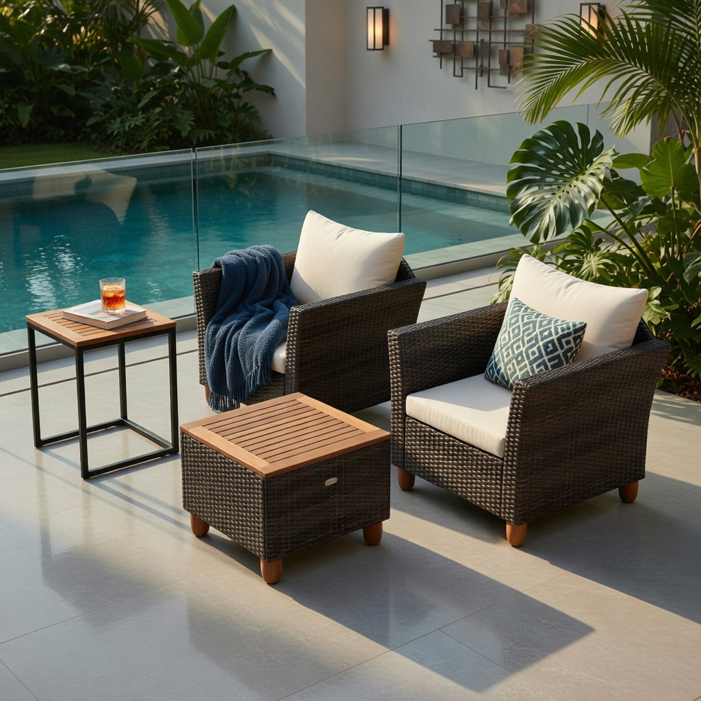 Hommoo 3-Piece Outdoor PE Wicker Patio Furniture Set with Acacia Wood Storage Coffee Table & Premium Cushions, Brown