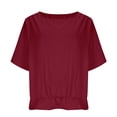 thumbnail image 5 of Craaazy Women's Casual Loose Fit Solid Color Crew Neck Shoulder Pleated Linen Cotton Blend Quarter Sleeve Blouse with Elastic Hem for Daily Wear Gifts, 5 of 9