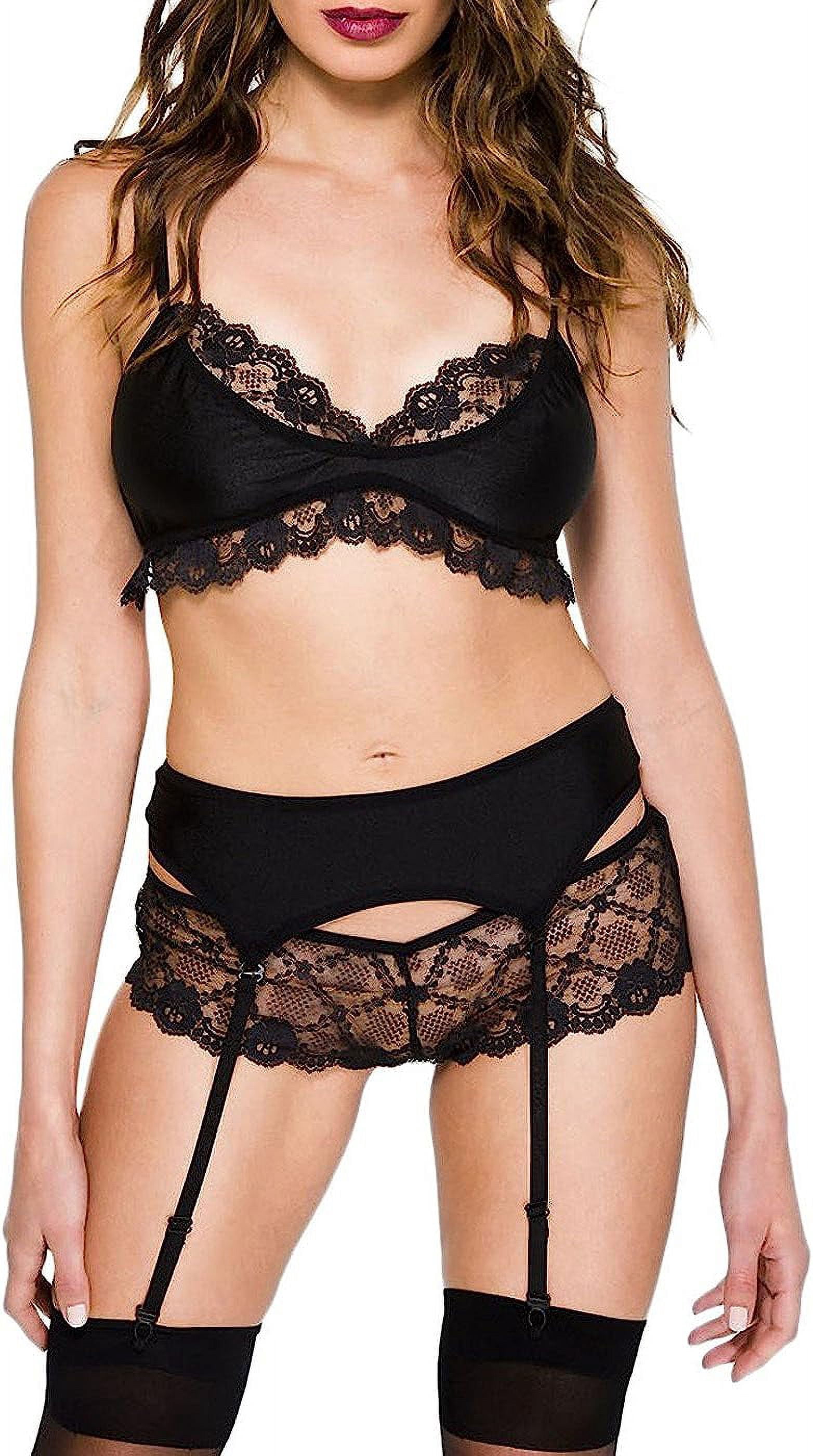 Music Legs Women's Lace trim bra top with lace panty and garterbelt 20031-BLACK