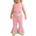 thumbnail image 2 of Mifsaly Toddler Girls 2 Piece Boho Outfits Set Sleeveless Ribbed Knit Tank Tops and Flare Pants with 3D Crochet Flowers Tassel Trim Vintage Summer Cute Daily Wear Clothes, 2 of 9