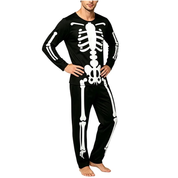 YUANxueke 2-Piece Skeleton Pajamas for Men Long Sleeve Crewneck Shirts & Loose Pants Bone Print Pajama Sets