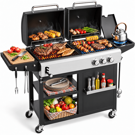 Biotree 3-Burner Gas and Charcoal Grill Combo, Dual Fuel 54,000 BTU BBQ Propane Grill with Side Burner for Backyard BBQ, Outdoor Cooking & Camping