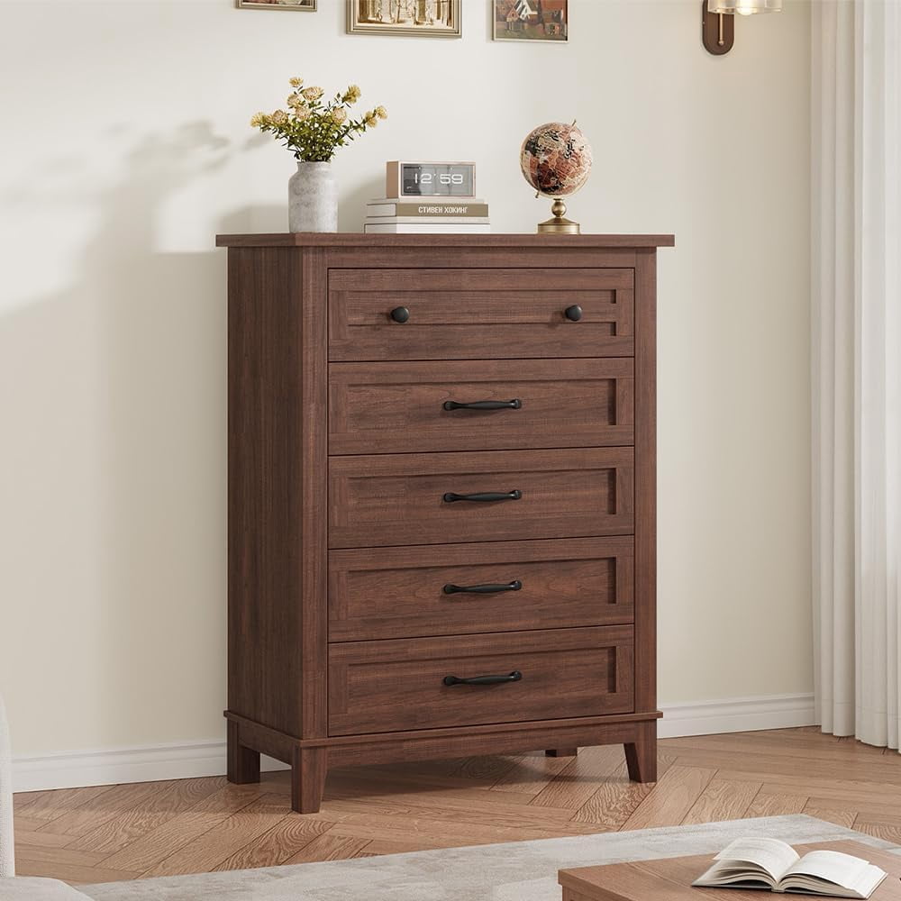 QinaQin 5 Dresser for Bedroom,Vertical Drawer Dresser with Large Storage,Freestanding Wooden Closet Chest for Bedroom,Living Room,Brown