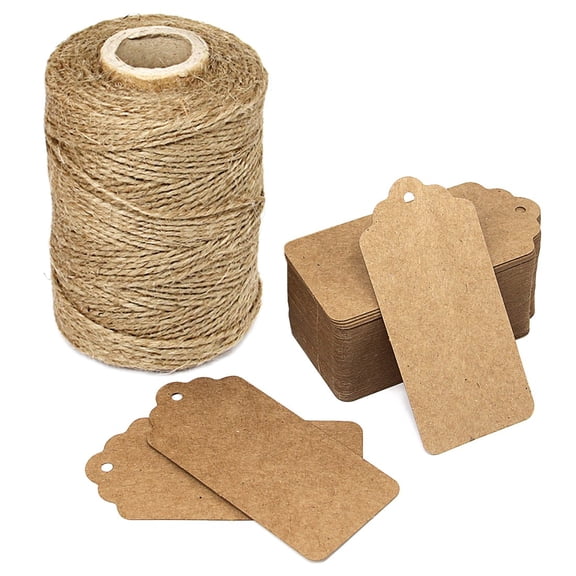 Natural Jute Twine 300 Feet, 100PCS Kraft Paper Tags, Blank Rectangle Labels for Crafts & Price Tags Labels, Wedding Favors, Brown