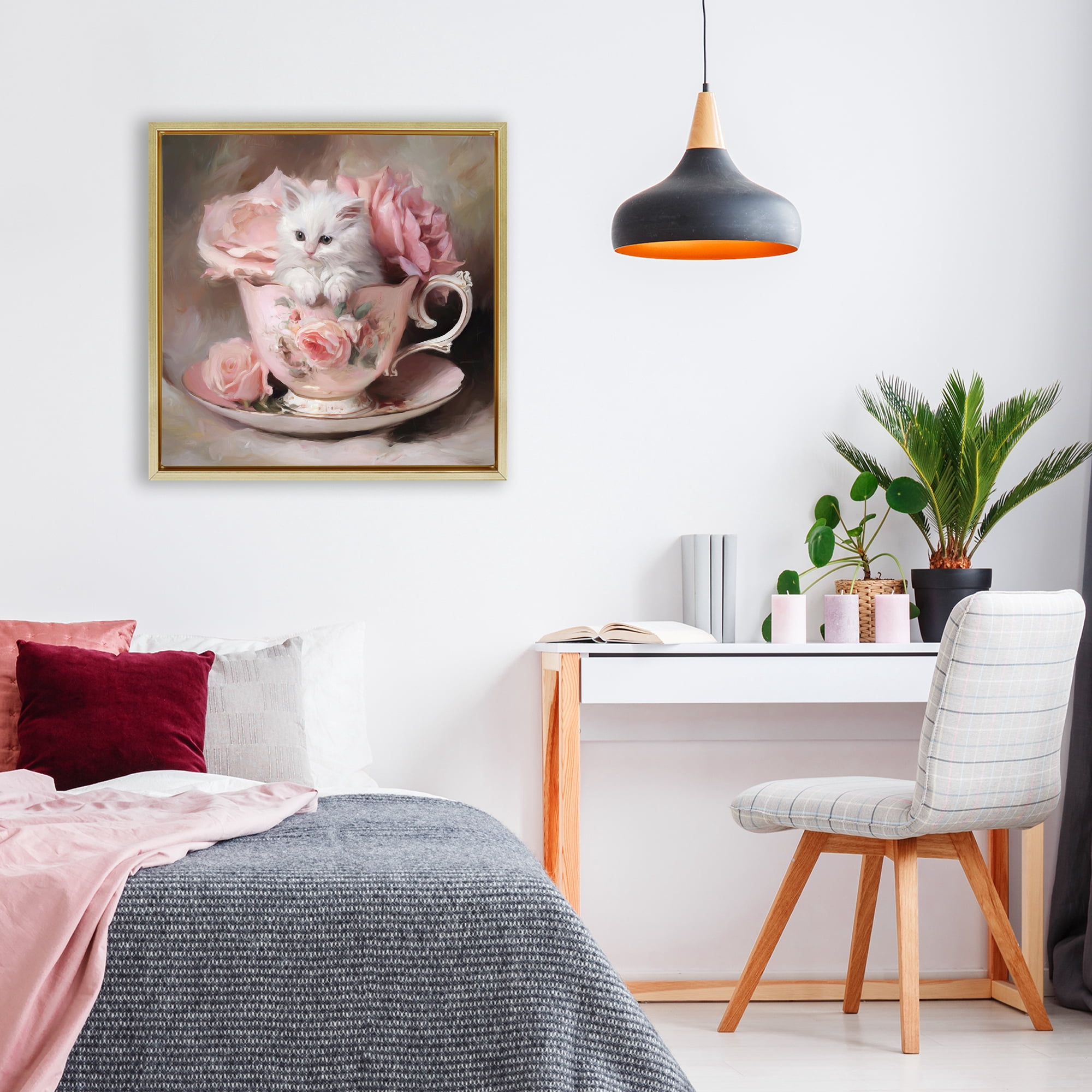 Stupell Industries Little Teacup Kitten Gold Framed Floater Canvas Wall Art, design by Tina LeCour