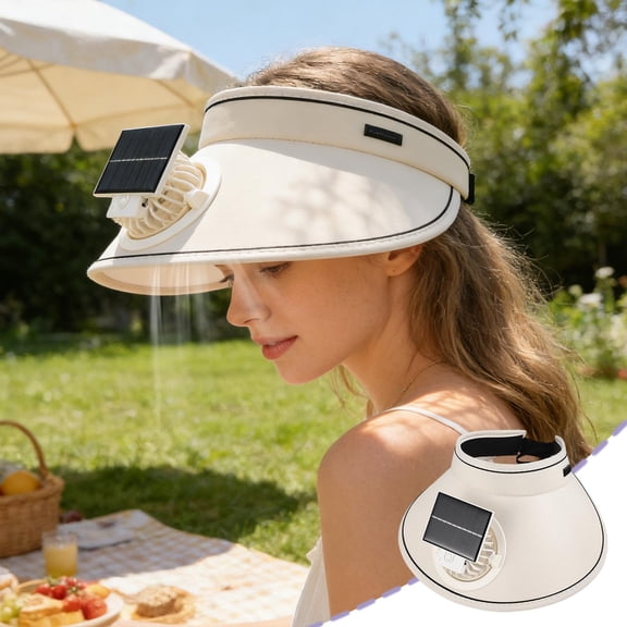 Solar Powered Cooling Hat，with Cooling Fan, for Camping Outdoor Sports，Large Area Sun Protection for Adult Kids，Adjustable Elastic Buckle-(Beige)