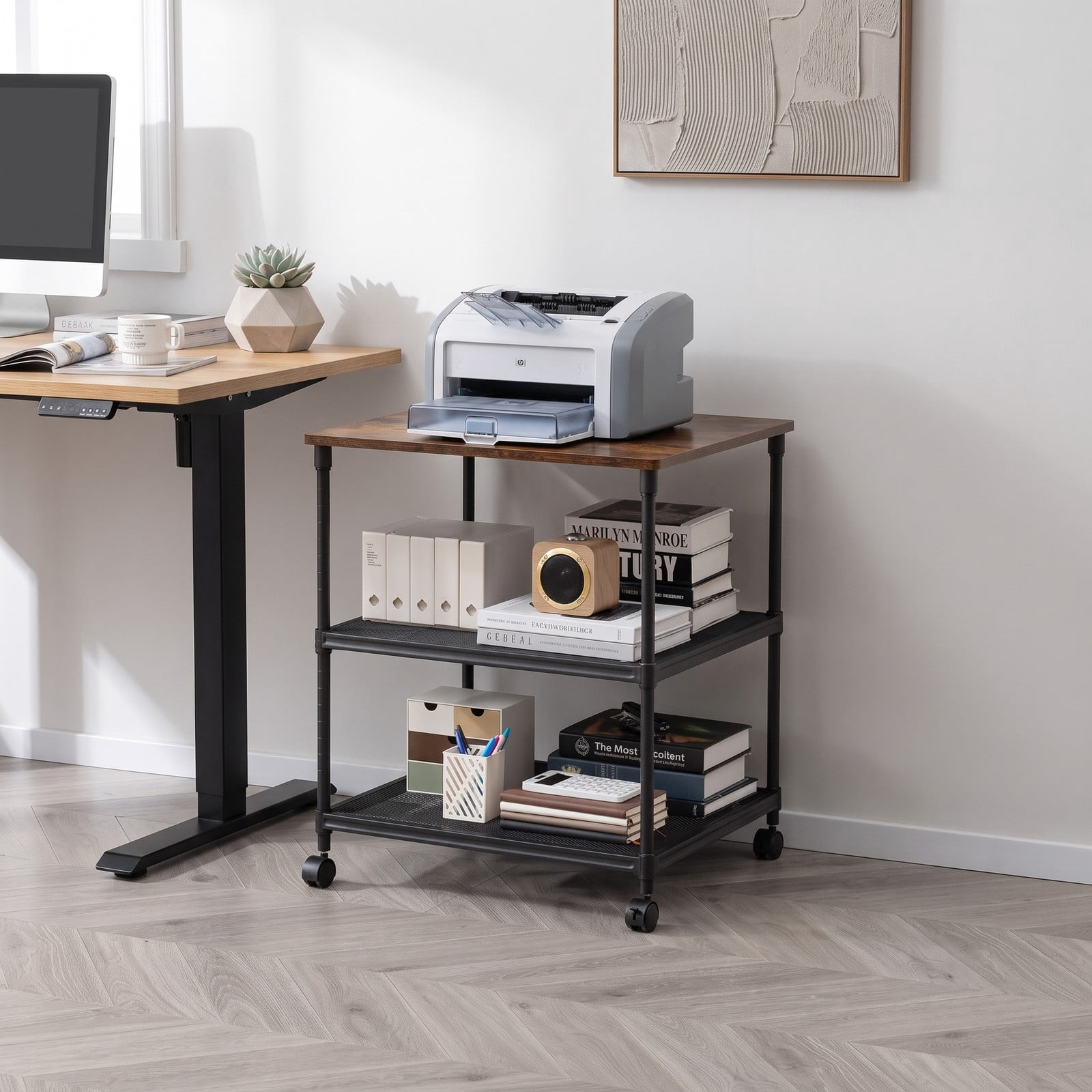 Furnibear 3 Tier Rolling Printer Stand Fax Cart with Adjustable Shelf, Swivel Locking Wheels, Wood Iron Mobile Storage Organizer for Home Office - Coffee