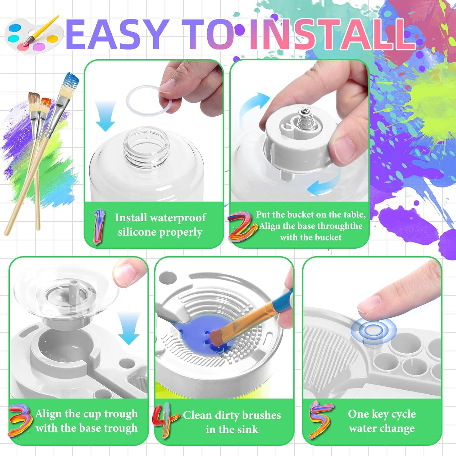 ABPETE Paint Brush Cleaner with Paint Tray, Upgraded 6-in-1 Painting Supplies with Drain and Brush Holder, Water Circulation Painting Supplies for Acrylic, Watercolor, Water Based Paints（White）