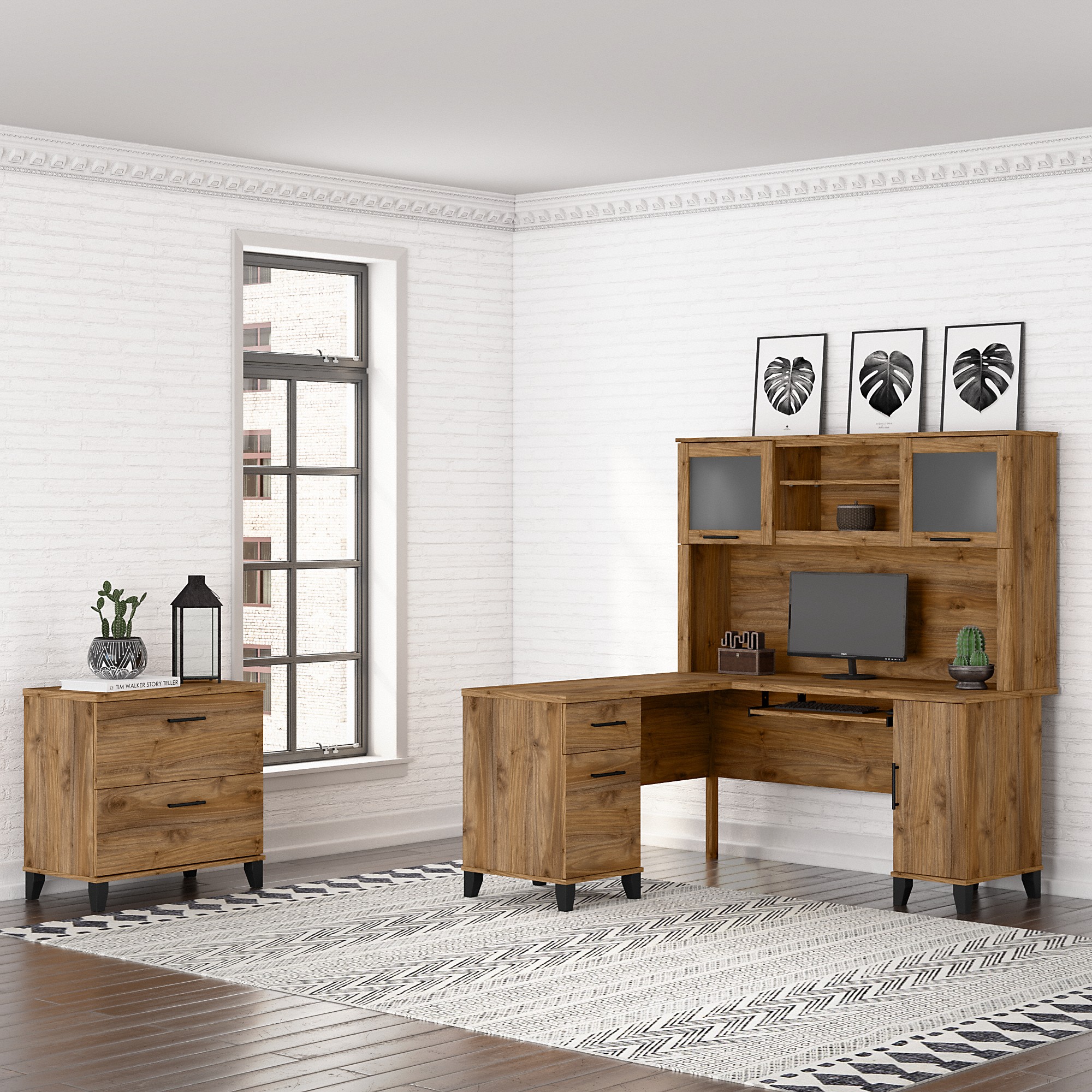 Bush Furniture Somerset 60 in 2-Door Hutch with Open Storage in Fresh Walnut - fits on Somerset 60 in L Desk (Sold Separately) - image 3 of 7