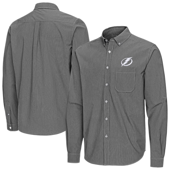 Men's Antigua Black Tampa Bay Lightning Porter Woven Tri-Blend Long Sleeve Button-Down Shirt