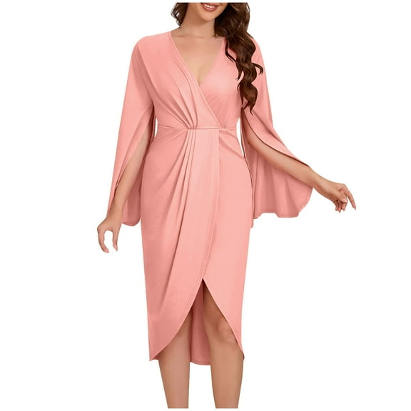 Efsteb Women's wear to Work Dresses Business Ruched Pencil Dress V Neck Slit Midi Dresses Ruffle Slit Slong Sleeve Dress (Pink,M)