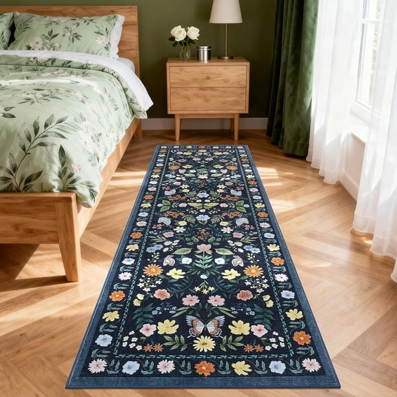 Washable Runner Rug 2x6, Floral Boho Area Rug for Hallway, Low-Pile Non-Slip Stain Resistant Carpet for Kitchen, Bedside,Laundry Room,Entryway (Blue)