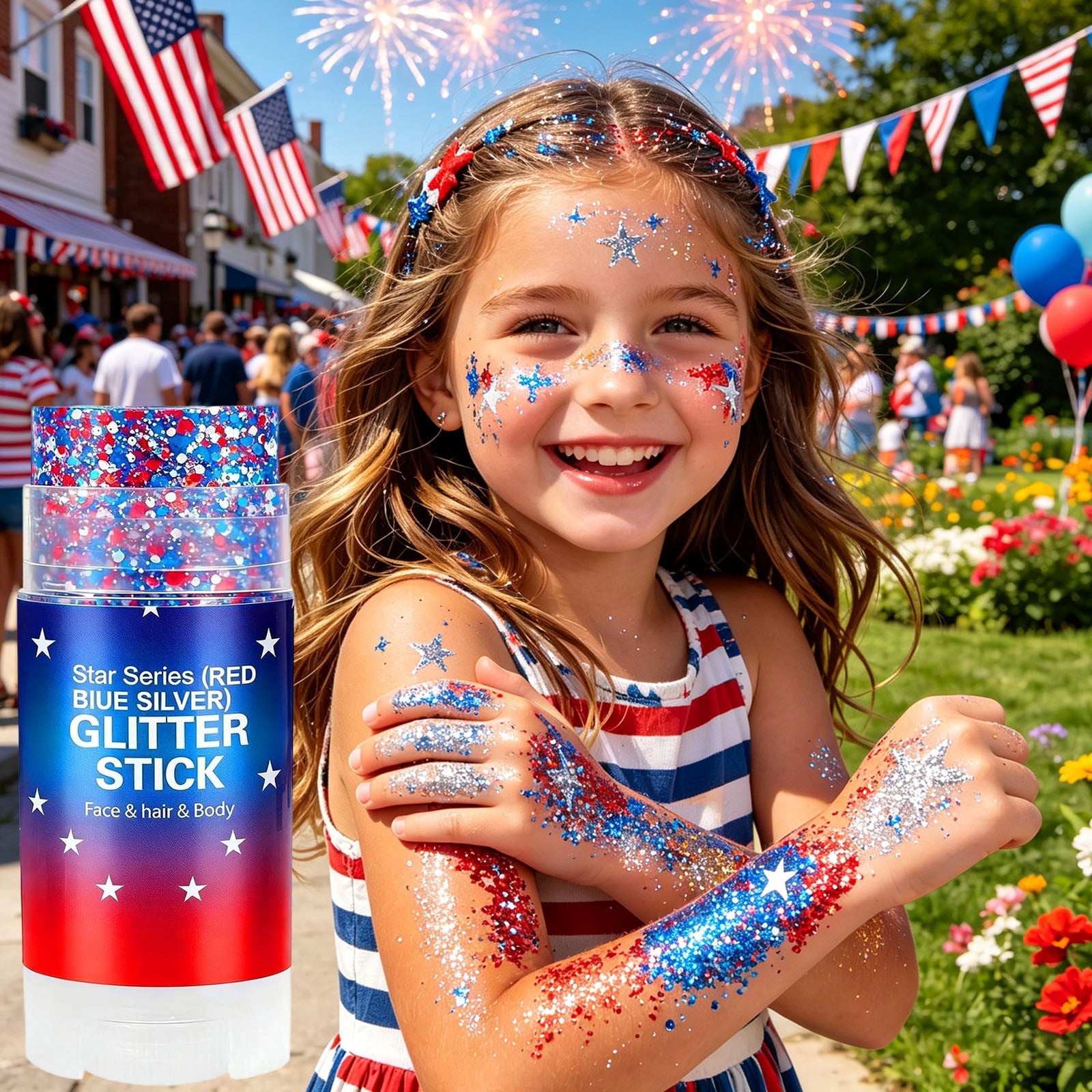 4th of July Glitter Stick, Face Body Paint Stick, Red White Blue Patriotic Star Star Face Body Glitter, Waterproof Shimmer Makeup, Independence Day Body Glitter Rave Makeup