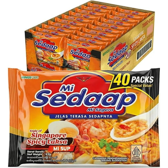 Mi Sedaap Singaporean Laksa Noodle Soup, Halal Certified, (Original, Pack of 40)