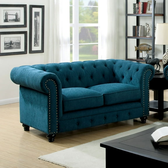 Miekor Furniture Contemporary Dark Teal Color 1pc Loveseat Button Tufted Couch Rolled Arms Nailhead Trim Leatherette 38507