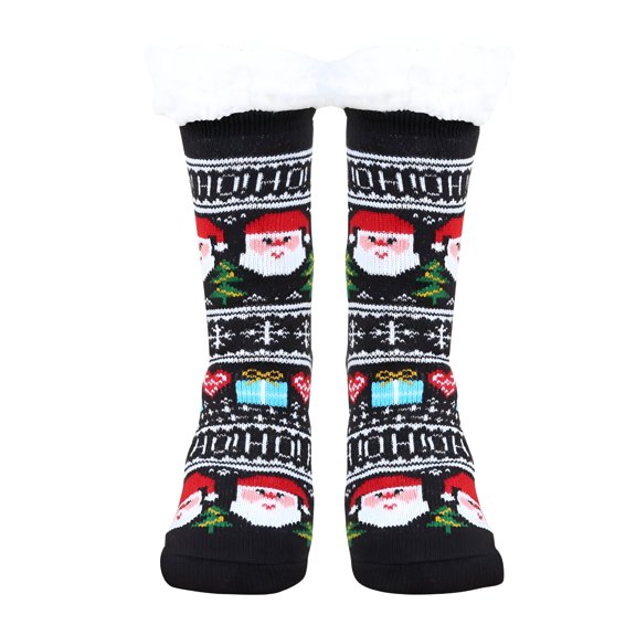 TELOLY Adult Slipper Socks Women Men Christmas Cute Graphic Lined Socks with Grippers Non Thermal Cozy Stockings Winter Thicked Home Sleep Gift,Black