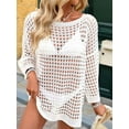 thumbnail image 4 of Womens Oversized Crochet Hollow Out Summer Boat Neck Beach Bathing Suit Cover Up Mini Dress White One Size, 4 of 9