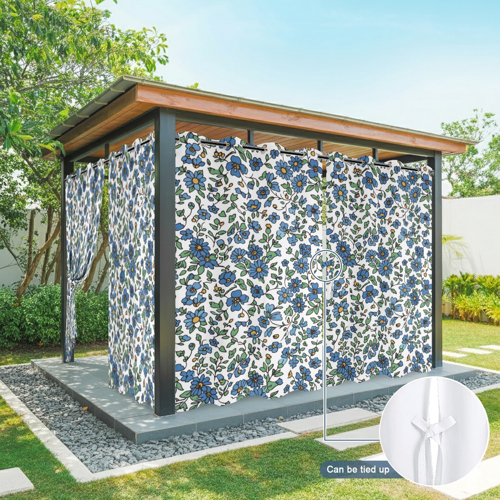 Blue Floral Outdoor Curtains for Patio, Botanical Farmhouse Nature Sunshade Privacy Drapes Grommet Waterproof Outside Curtains for Porch/Cabana/Balcony 54"x 108", 1 Panel
