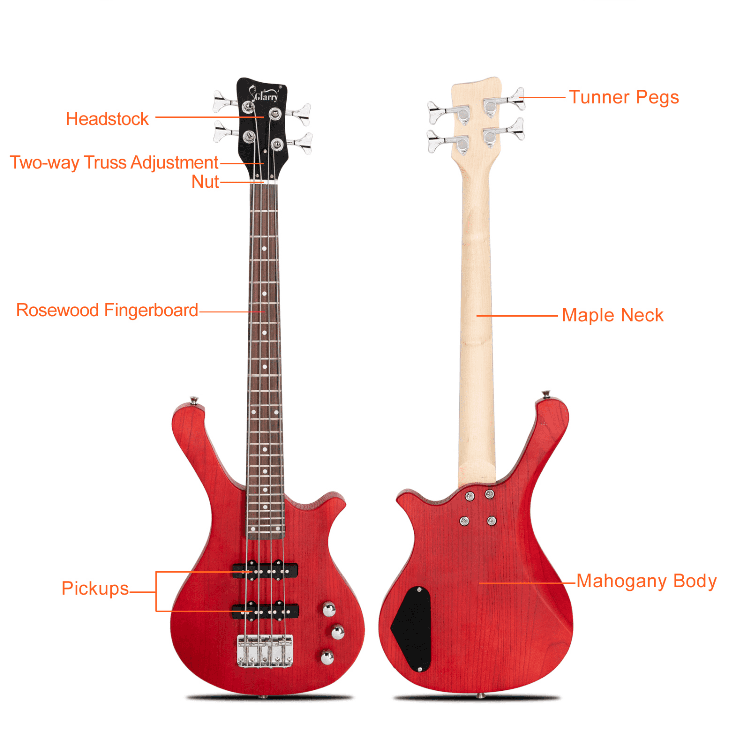 Hassch 4 String Electric Bass Guitar, 36 inch Right Handed Bass Kit with Bag, Cable, Strap, Plectrums and Wrench Tool, Red