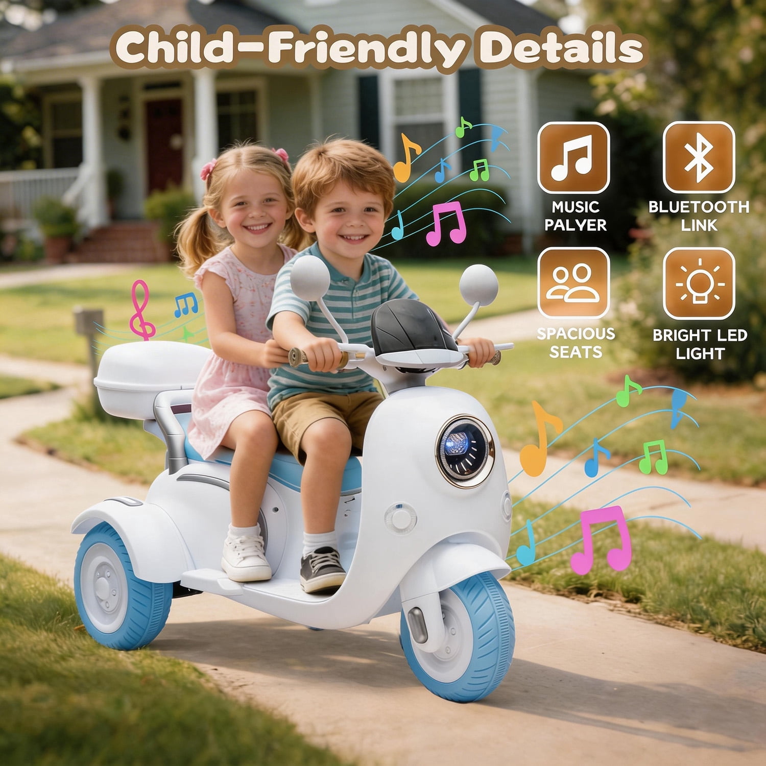 Track Seven 12V Ride on Motorcycle, 2-Seater Electric Motorcycle with Dual Motor, 3 Wheels Motorbike with Bluetooth, LED Lights, Storage Box, Front Hook, Ride on Toy Car for Boys Girls Aged 3+, White