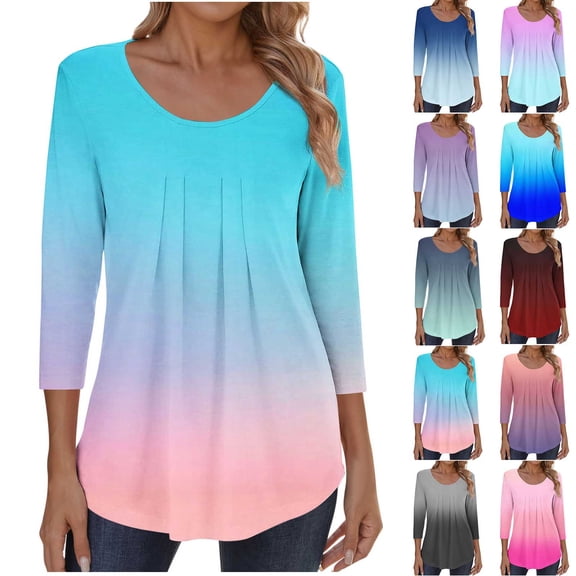 Jsaierl Tops for Women 3/4 Sleeve Summer Crew Neck Shirts Boho Gradient Petite Pleated Blouses Going Out Cotton T-shirts Top S-2XL