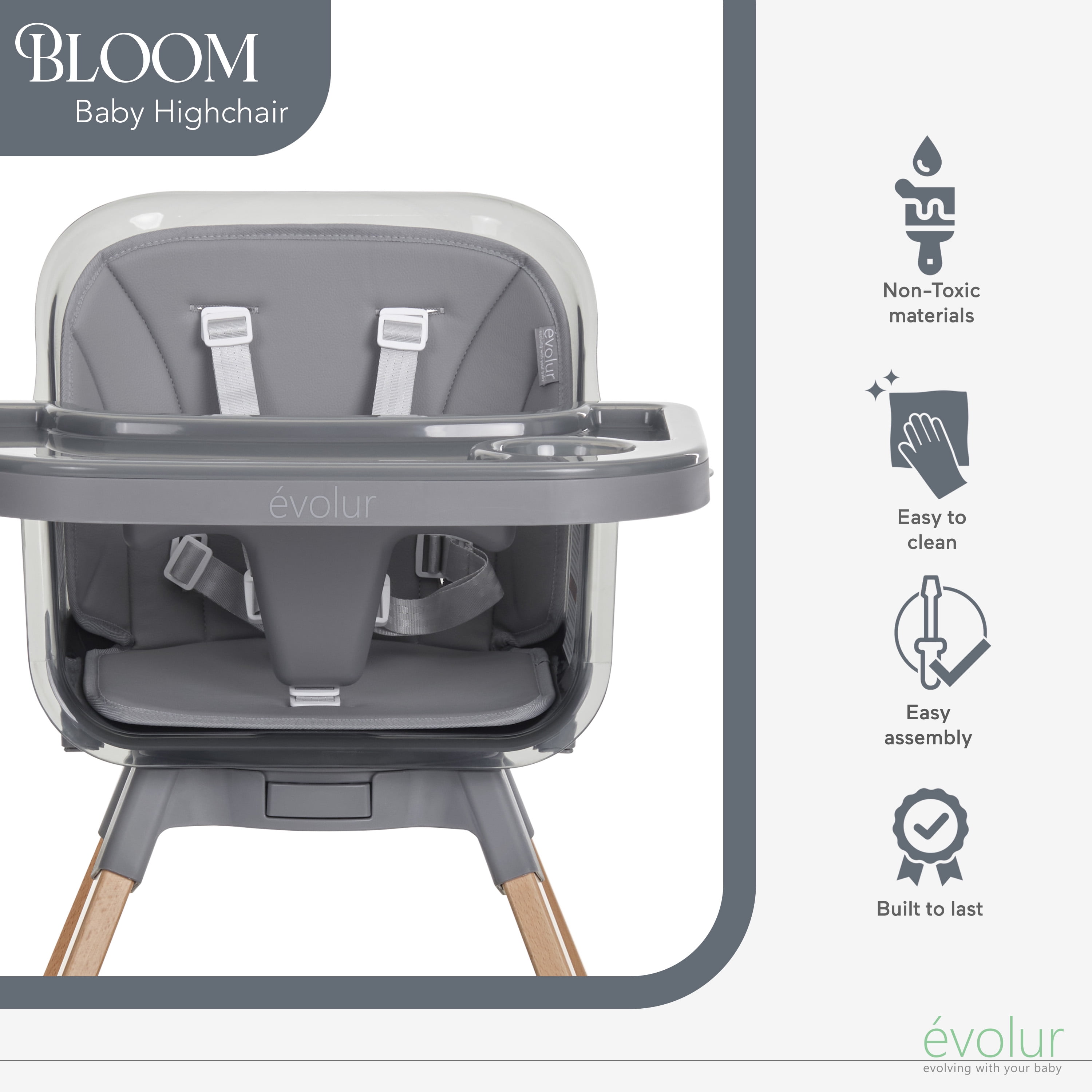 Evolur Bloom High Chair Storm Gray, 360° Rotating Seat, Easily Converts to Adult Stool, Adjustable Foot Rest, Adjustable & Removable Tray Baby High Chair