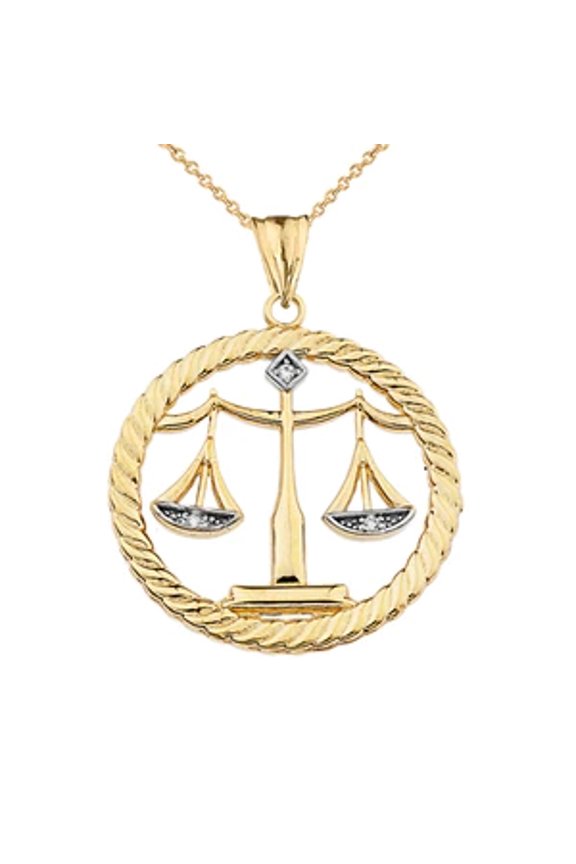 Diamond Libra Zodiac in Rope Pendant Necklace in Yellow Gold : 14K Pendant with 20" chain