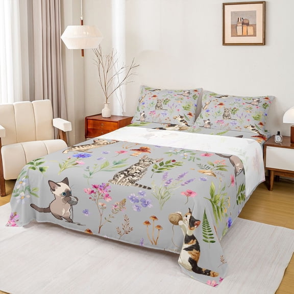 jejeloiu Gray Watercolor Cat Full Size Sheets For Kids,Cute Floral Kitten Bed Sheets For Girl,4-Piece