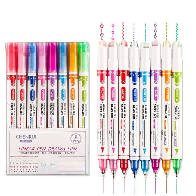 Juego de bolígrafos de contorno de forma curva | 8 Colores | Rotuladores de doble punta de secado rápido | Rodillo de Énfasis de Color para Dibujo y Diario | Tinta suave | Puntas estampadas | 1ml