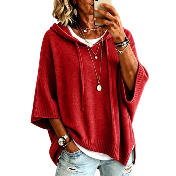 Pullover Sweaters for Women Hooded Side Slit Ribbed 3/4 Sleeve Sweaters Drawstring, Batwing Sleeve 2026 Comfy Fashion Trendy