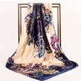 thumbnail image 2 of ManxiVoo Womens Lightweight Satin Square Scarf Floral Design Fashion Accessory for Spring Summer Season Navy, 2 of 3