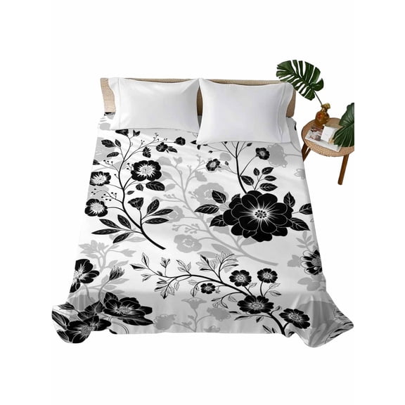 Twin Flat Sheet 66"x96", Vintage Flowers Soft Lightweight Bedding Flat Sheets Only, Black White Farmhouse Floral Plants Brushed Microfiber Top Bed Sheet, Breathable StainResistant Bedsheets