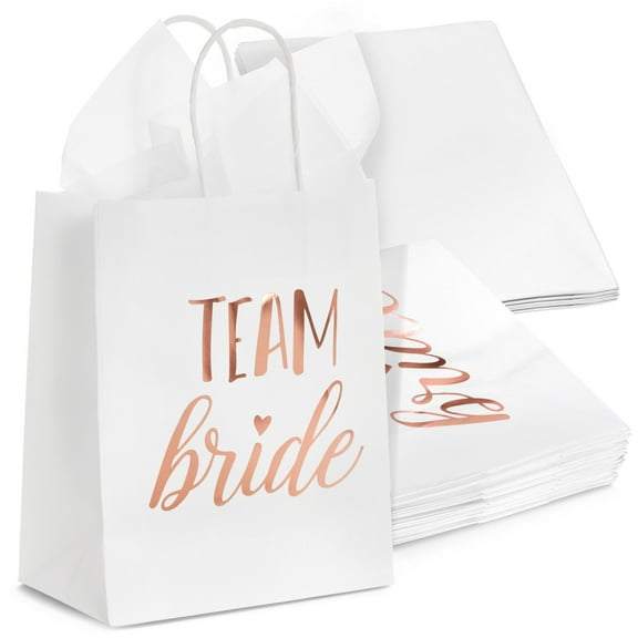 BLUE PANDA Bachelorette Gift Bags - 15-Pack, Rose Gold Foil & White, 8 x 4 x 9 In - Team Bride Favor Bags & Bridal Shower Favors - Bridesmaid Proposal Gifts With Handles & Tissue Paper
