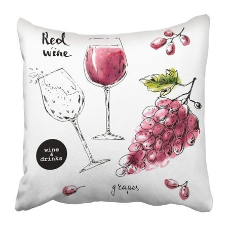 ARTJIA Ink Sketch of Wine Glasses with Red Watercolor Stains and Grape Cluster for Food and Drink Label Pillowcase 16x16 (Best Way To Drink Johnnie Walker Red Label)