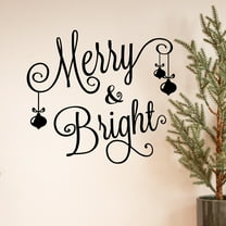 Merry & Bright (all cursive w/ 3 ornaments) Vinyl Lettering Decal Christmas Decor Holiday Decals Size: 12.5"H x 14"L - Color: Black