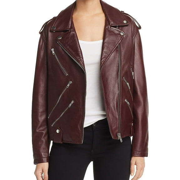 McQ Womens Leather Biker Jacket, Red, 42